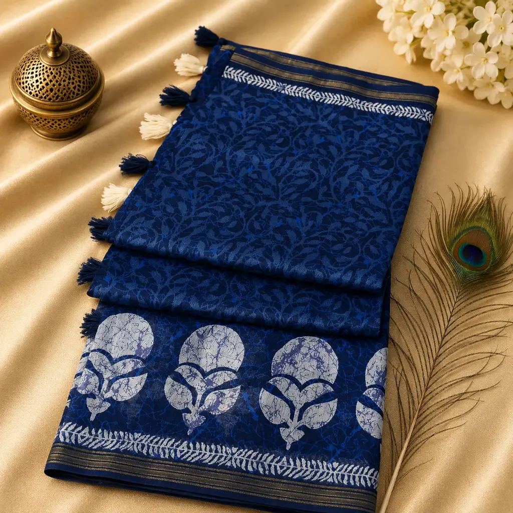 Navy Blue Printed Cotton Silk Saree with Tassels