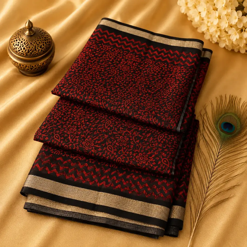Black & Red Printed Cotton Silk Saree with Silver Border