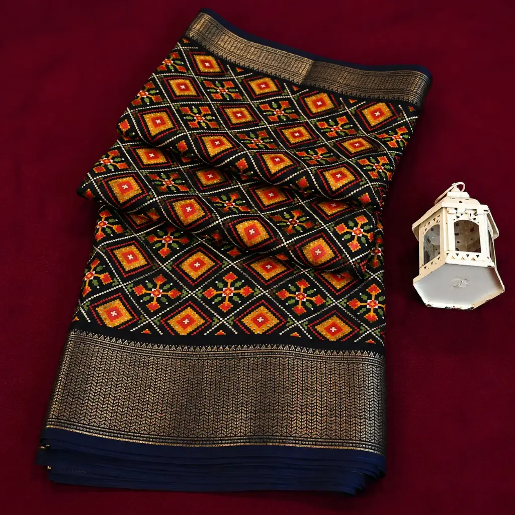 Black Navy Saree with Geometric Print, Gold Border
