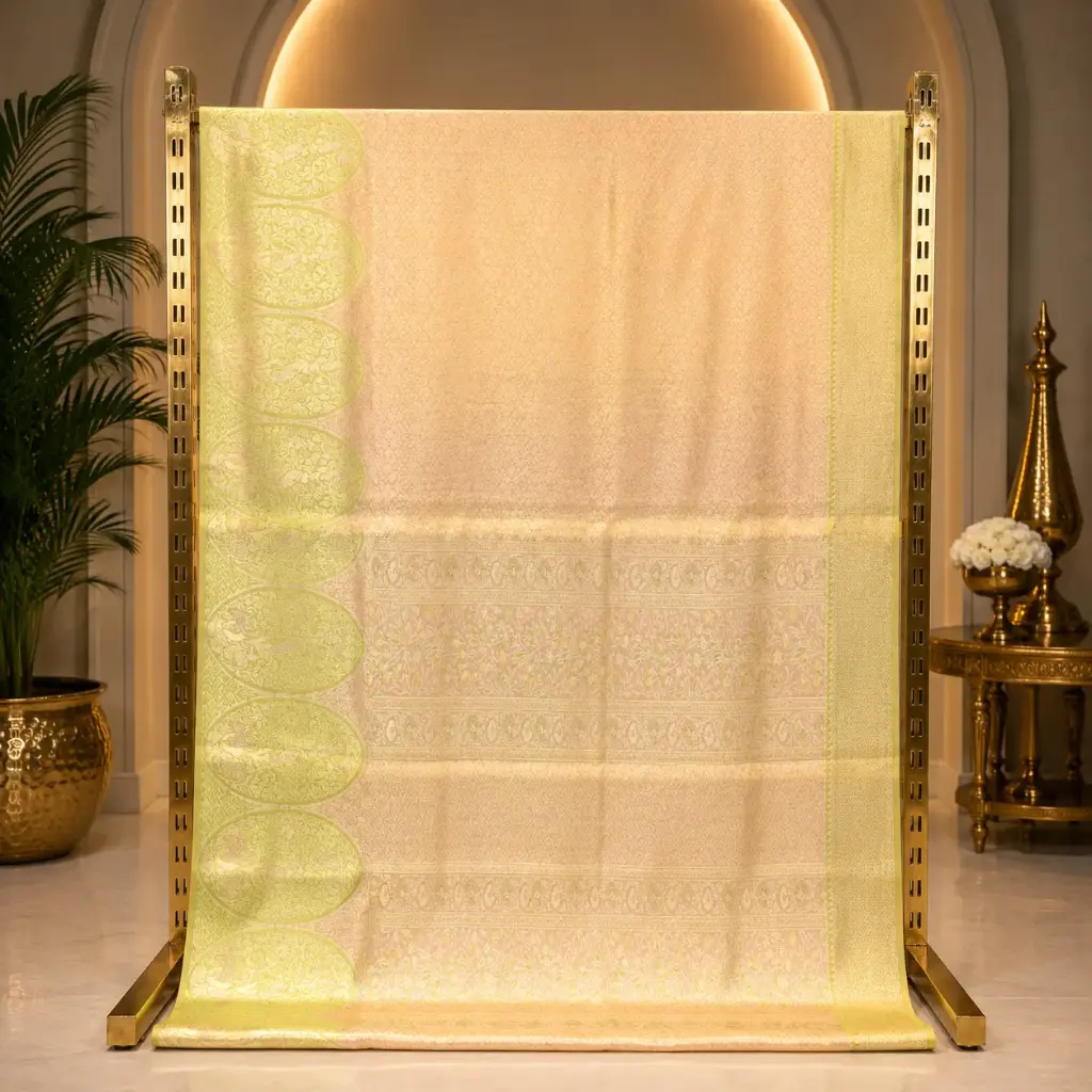 Elegant Pastel Peach Woven Saree with Lime Green Paisley Border
