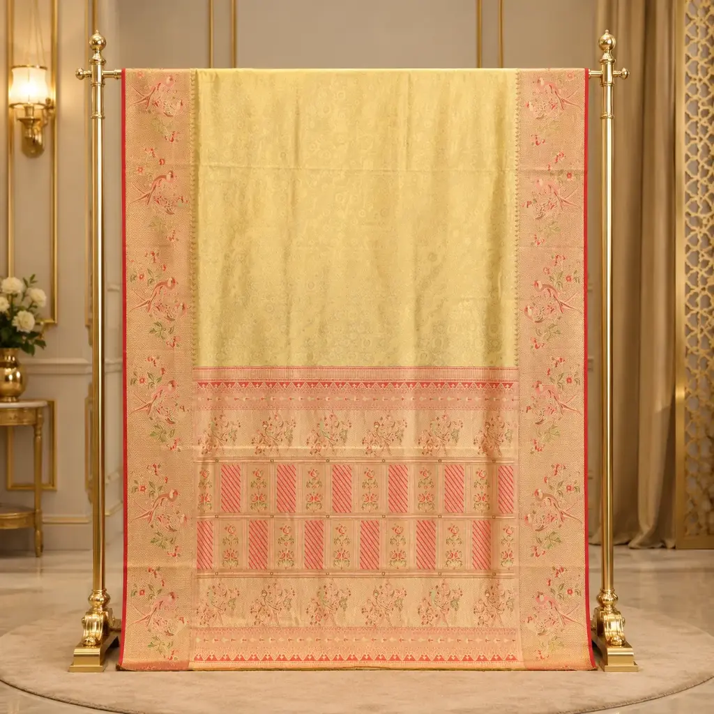 Elegant Cream Gold Saree with Red Bird Floral Border and Ornate Pallu