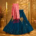 Women's Teal Blue Lehenga Choli with Gold Embroidery and Pink Dupatta