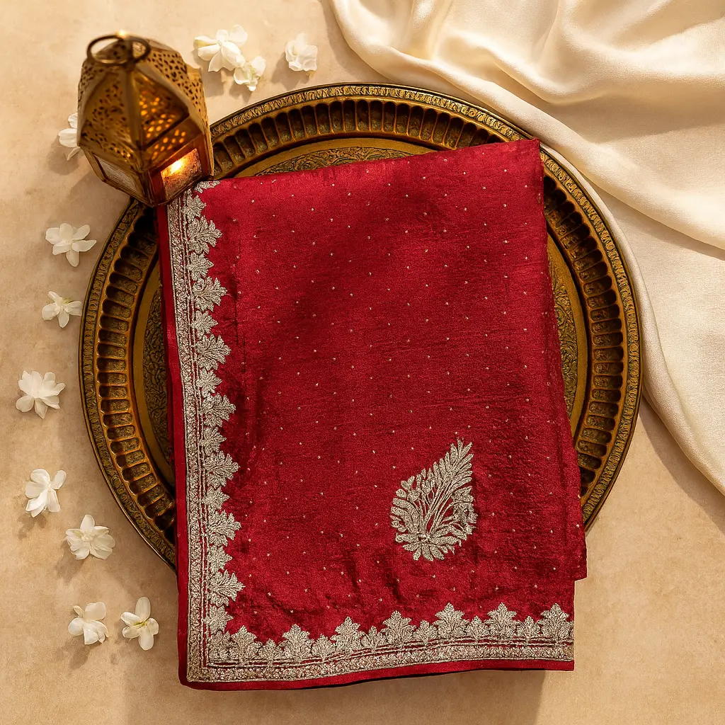 Exquisite Red Designer Saree with Intricate Stone Work Border