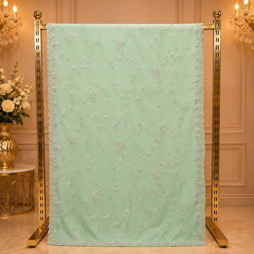 Mint Green Saree with Floral Vine Embroidery and Scalloped Border