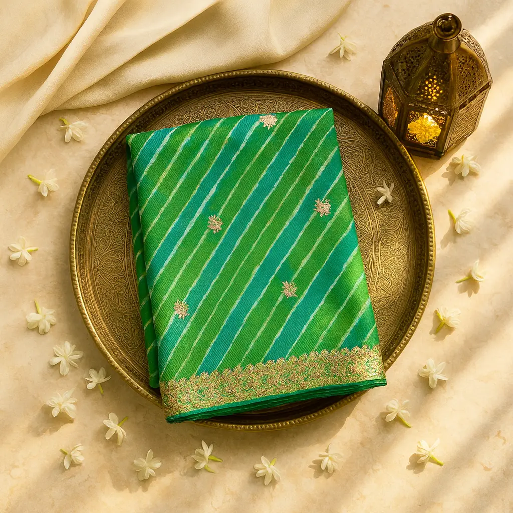 Elegant Green Stripe Designer Saree with Floral Embroidery Border
