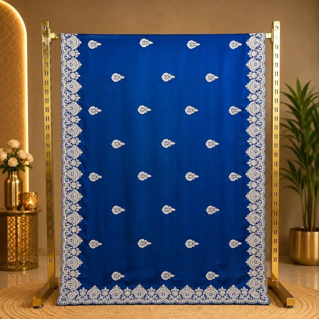 Women's Royal Blue Designer Saree with Silver Paisley Embroidery