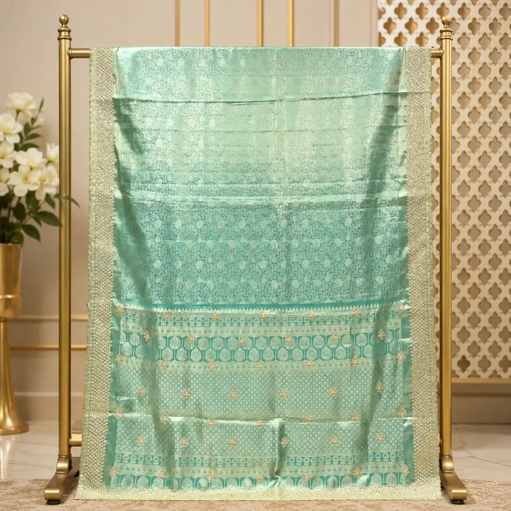 Women's Mint Green Saree with Floral Jacquard Weave and Beaded Border