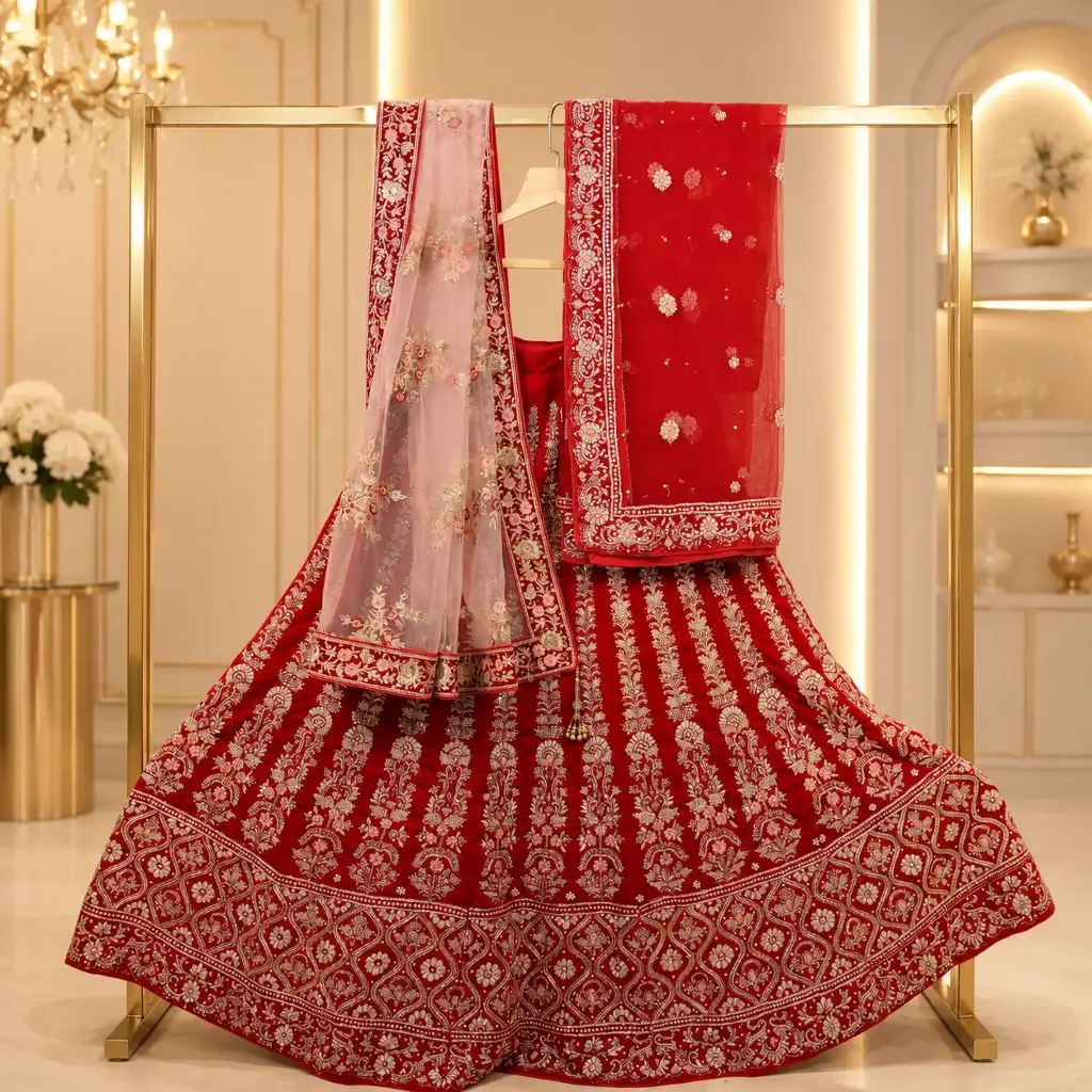 Women's Red Bridal Lehenga Choli with Rich Embroidery and Dual Dupattas