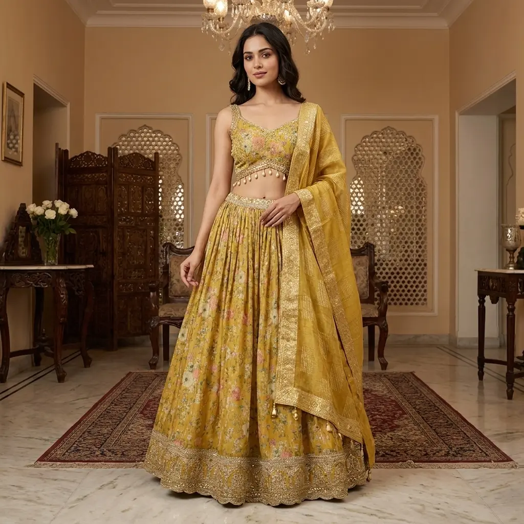 Mustard Yellow Floral Silk Lehenga Set with Zari Dupatta