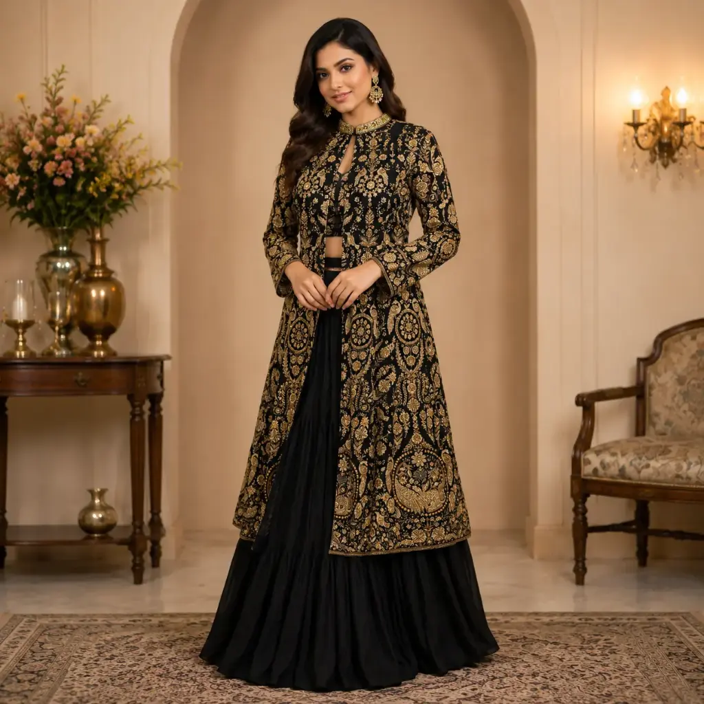 Women’s Black Embroidered Indo-Western Lehenga Set with Designer Jacket