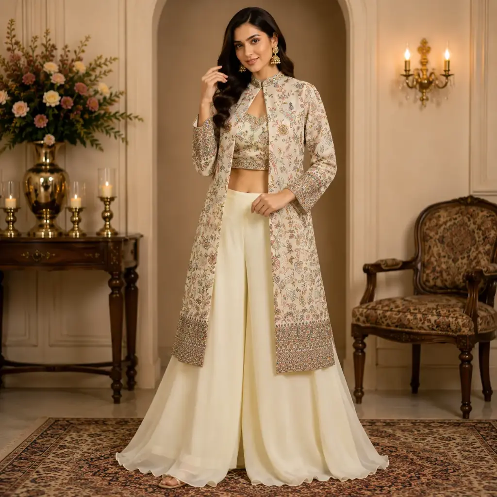 Women's Ivory Floral Printed Jacket Style Crop Top & Palazzo Set