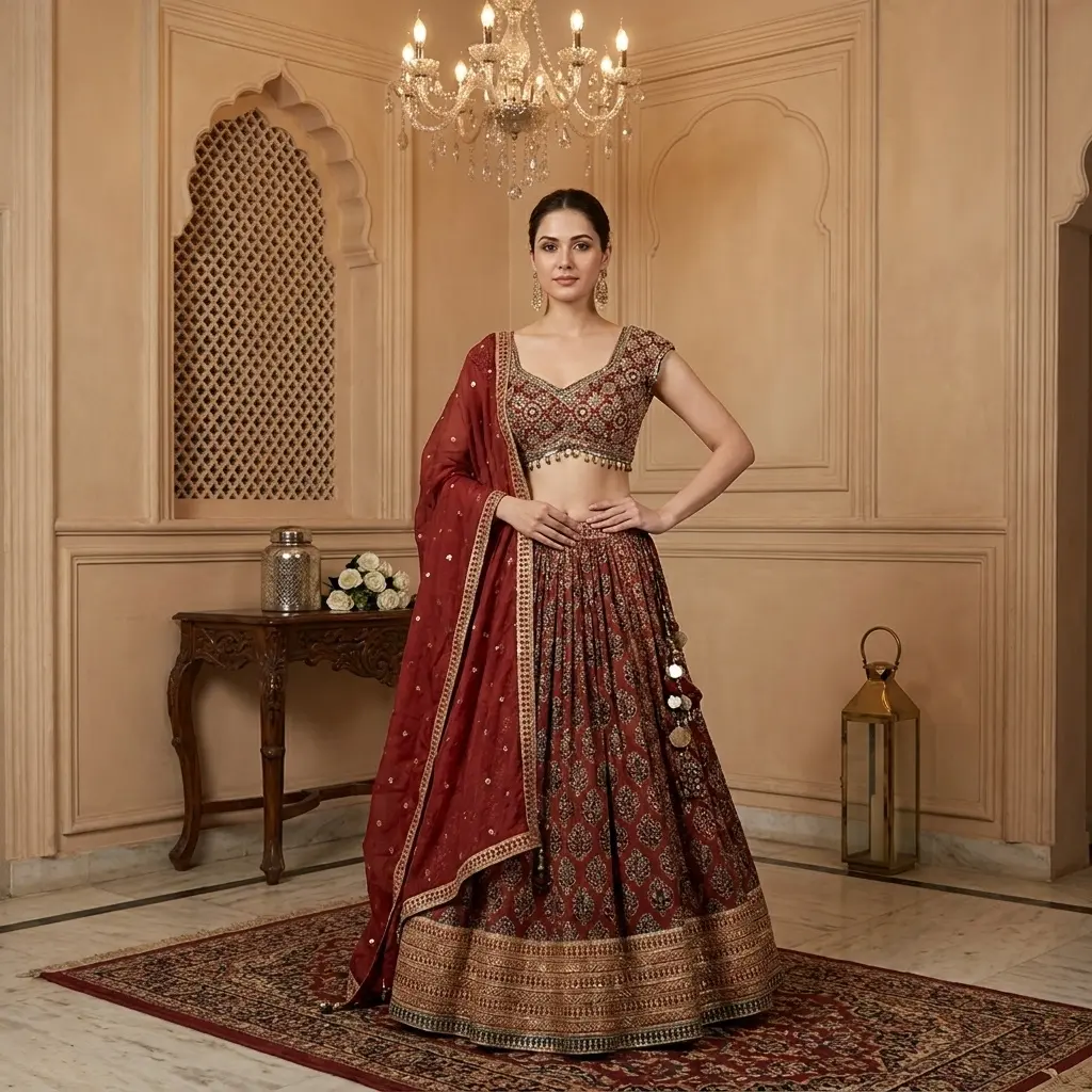 Maroon Ajrakh Print Silk Lehenga Choli with Mirror Work