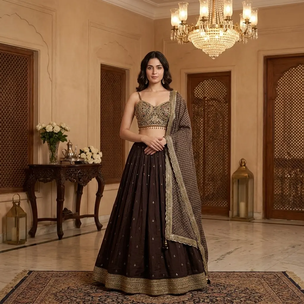 Espresso Brown Hand-Embroidered Crop Top Lehenga Set with Printed Dupatta