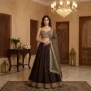 Espresso Brown Hand-Embroidered Crop Top Lehenga Set with Printed Dupatta