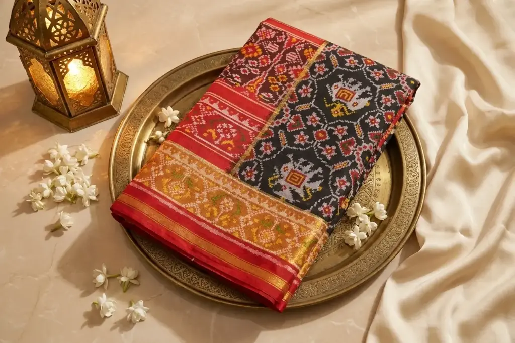 Black Pure Silk Patola Saree with Red Zari Border