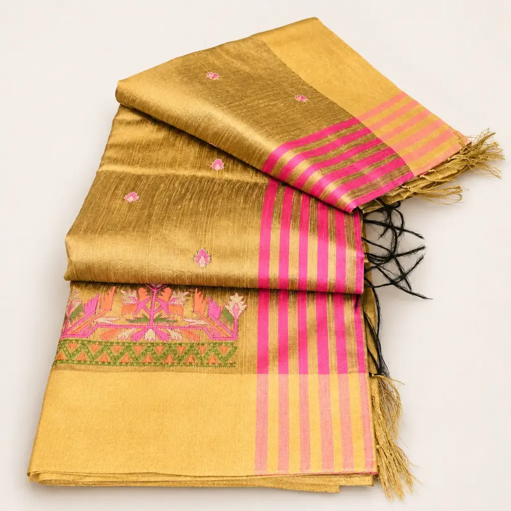 Golden Silk Blend Saree with Pink Striped Border