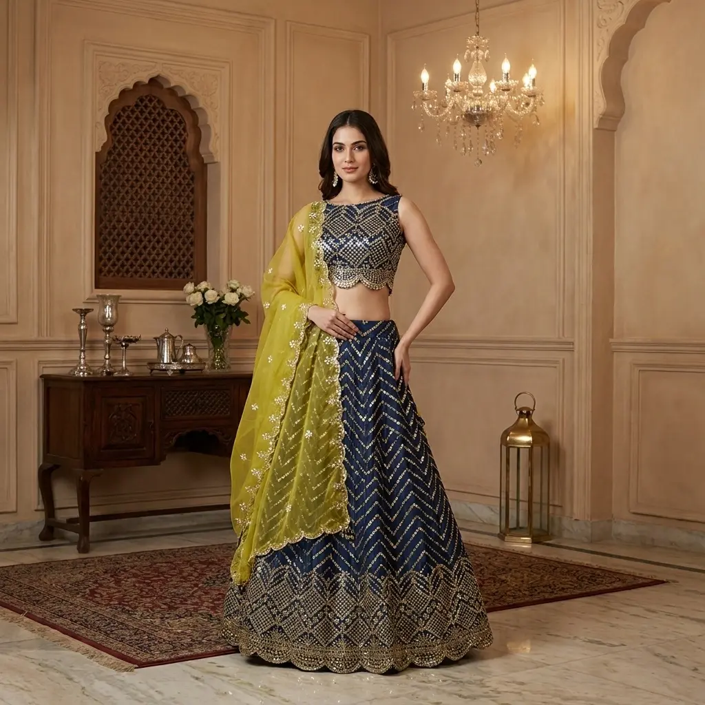 Navy Blue Embroidered Crop Top Lehenga with Chartreuse Dupatta
