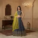 Navy Blue Embroidered Crop Top Lehenga with Chartreuse Dupatta