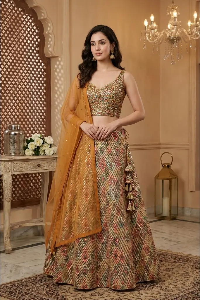 Multicolor Chevron Sequin Embroidered Georgette Lehenga Choli Set