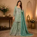 Women's Sea Green Embroidered Kurta Palazzo Set with Dupatta