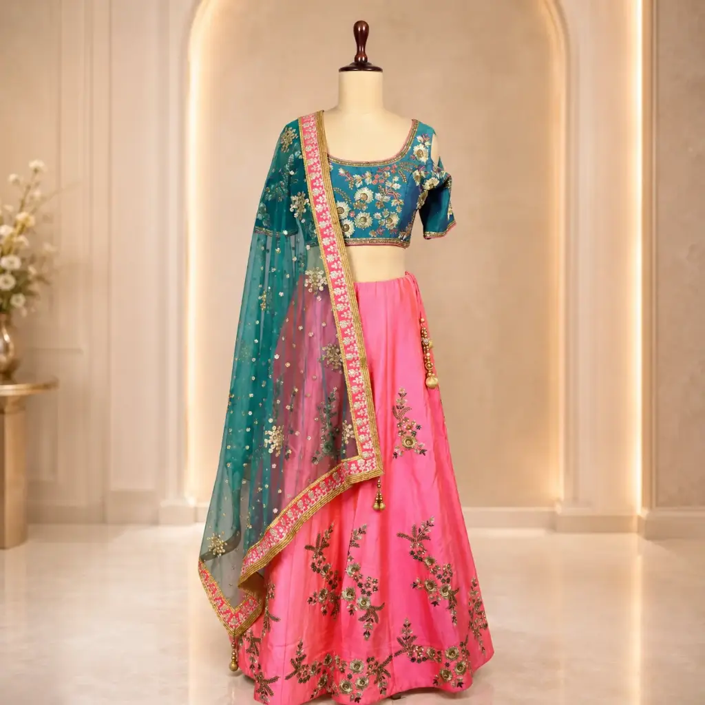 Women's Pink Teal Embroidered Lehenga Choli with Net Dupatta for Wedding and Festive Party Wear Set