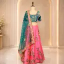 Women's Pink Teal Embroidered Lehenga Choli with Net Dupatta for Wedding and Festive Party Wear Set