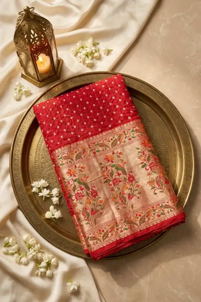 Scarlet Red Bandhani Saree with Meenakari Woven Zari Border