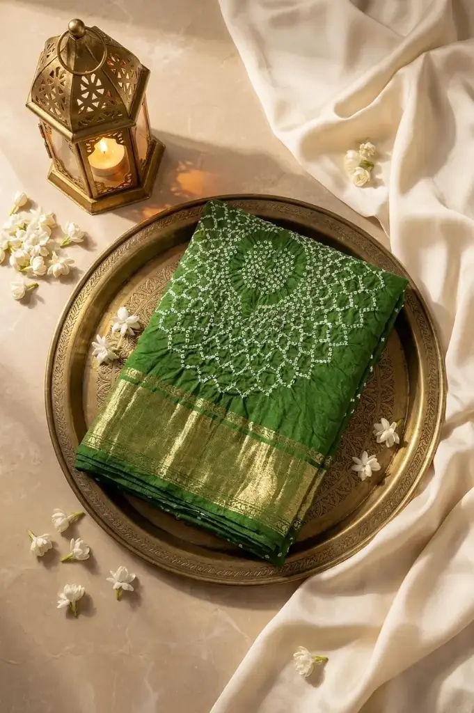 Emerald Green Crinkled Bandhani Saree with Zari Pallu
