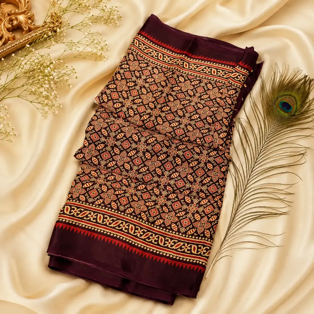 Deep Maroon Geometric Printed Cotton Silk Saree with Ethnic Border