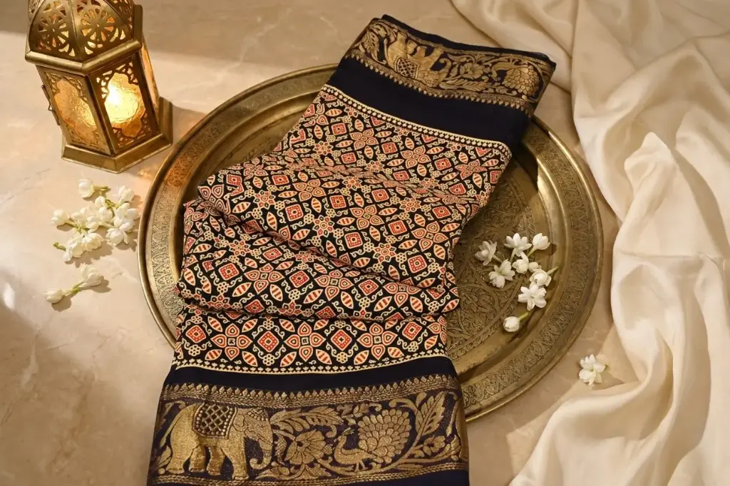Midnight Navy Silk Saree with Banarasi Zari Border