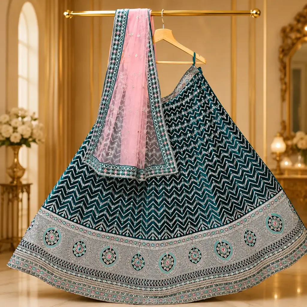 Women's Teal Green Lehenga Choli with Silver Zigzag Embroidery and Pink Dupatta