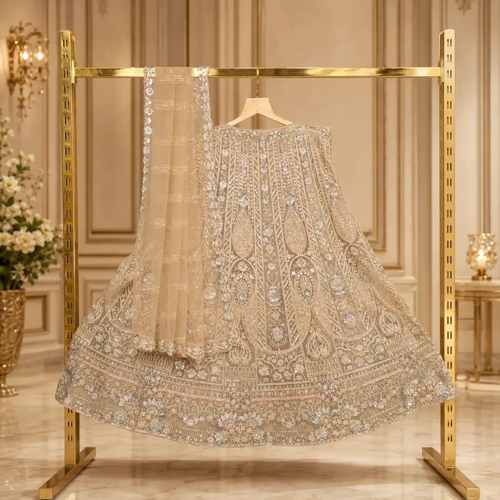Women's Champagne Beige Lehenga Choli with Paisley Embroidery and Matching Dupatta