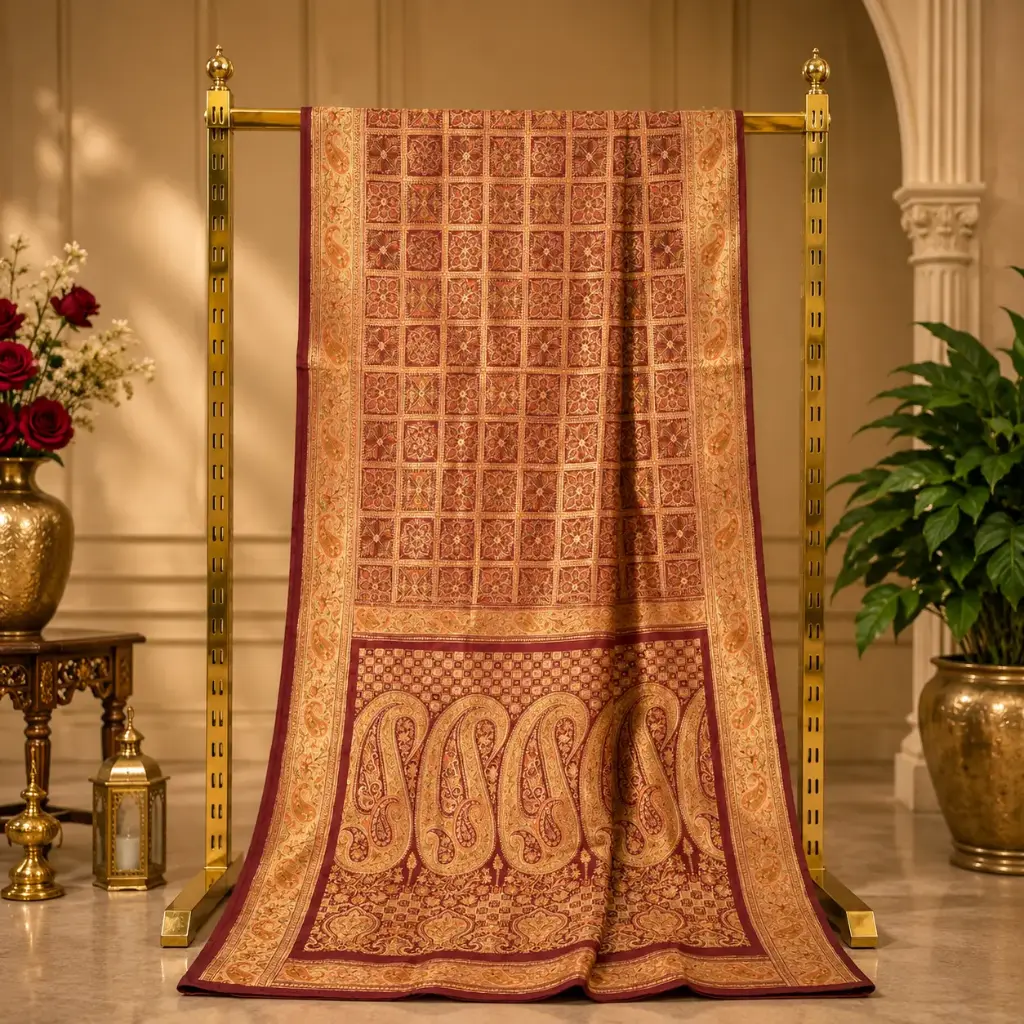 Elegant Maroon Saree with Golden Woven Checks, Paisley Pallu and Ornate Traditional Border