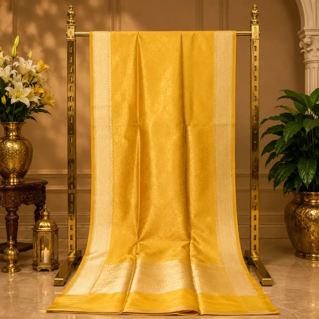 Women's Mustard Yellow Woven Silk Saree with Floral Jacquard Design and Rich Golden Zari Border Work 