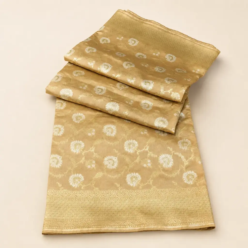 Champagne Gold Banarasi Style Saree with White Floral Zari Weave Festive Wedding Party Wear Look 