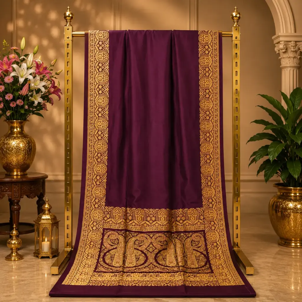 Women's Wine Purple Saree with Golden Woven Border and Elephant Motif Pallu