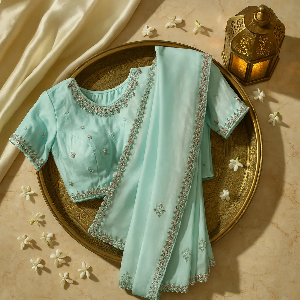 Elegant Mint Green Designer Saree With Intricate Mirror Embroidery