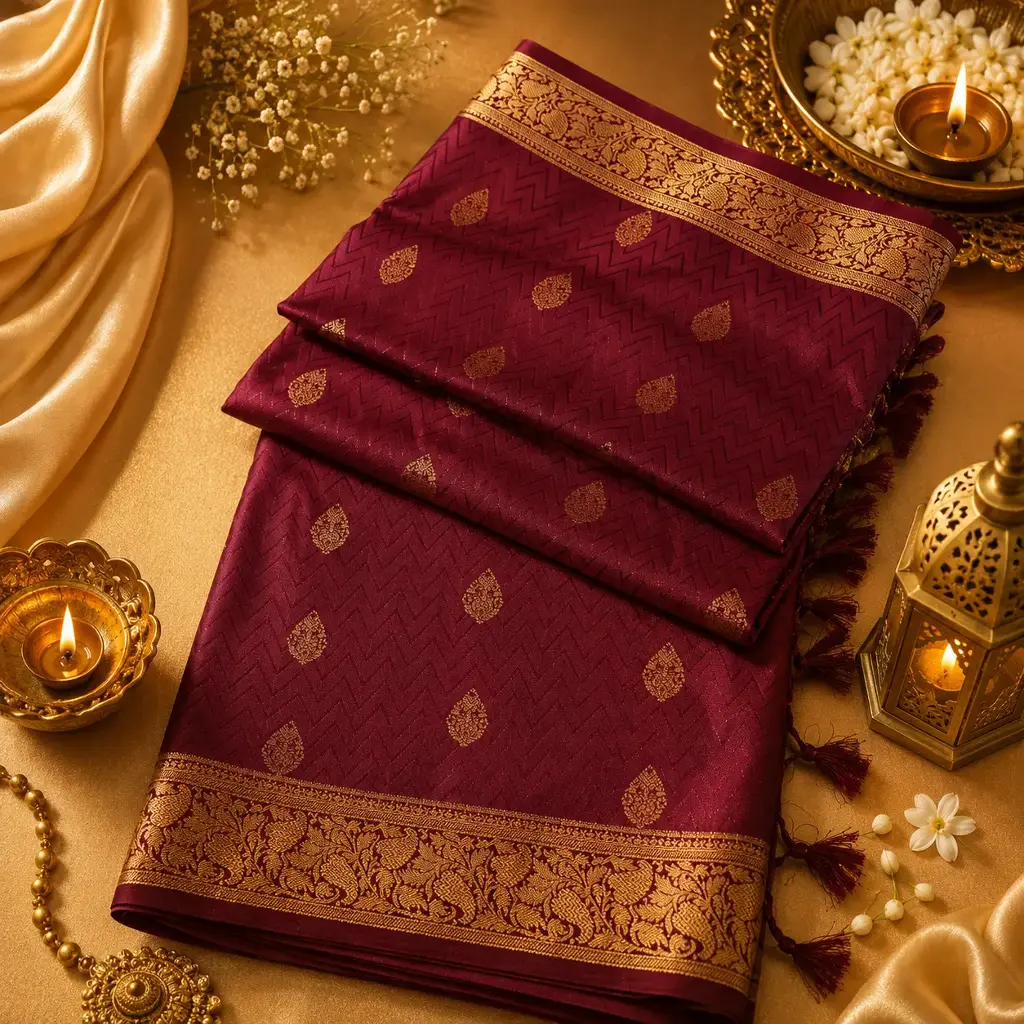 Elegant Maroon Banarasi Silk Saree with Gold Zari Butis & Floral Border