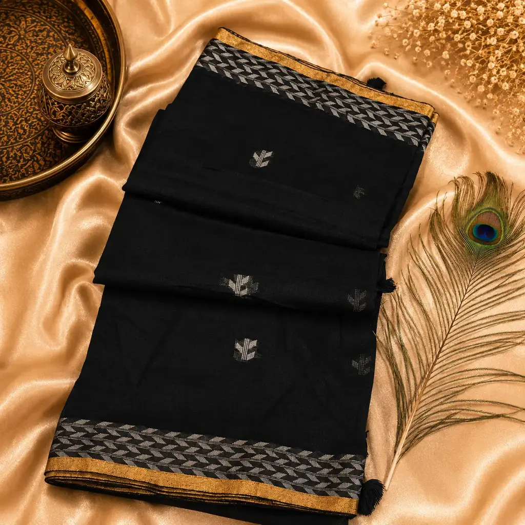 Elegant Black Cotton Silk Saree with Silver Leaf Motifs & Golden Border Traditional Ethnic Wear