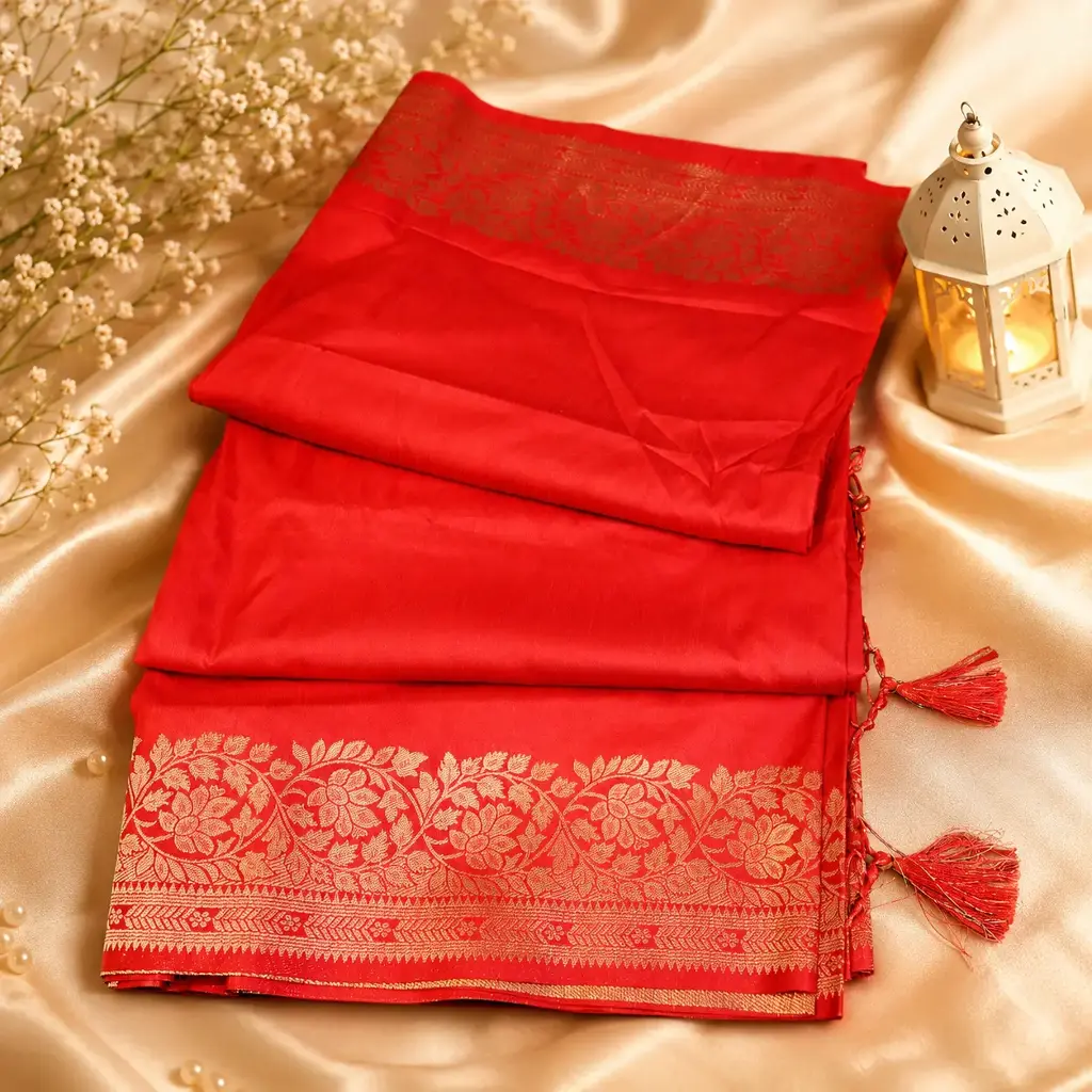 Elegant Ruby Red Banarasi Silk Saree with Gold Zari Border & Tassel Pallu