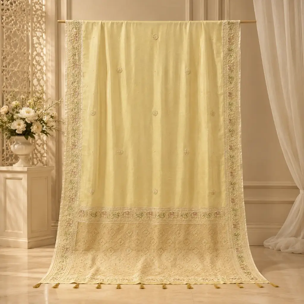 Cream Embellished Saree with Floral Embroidered Border for Festive Evening and Wedding Wear Look