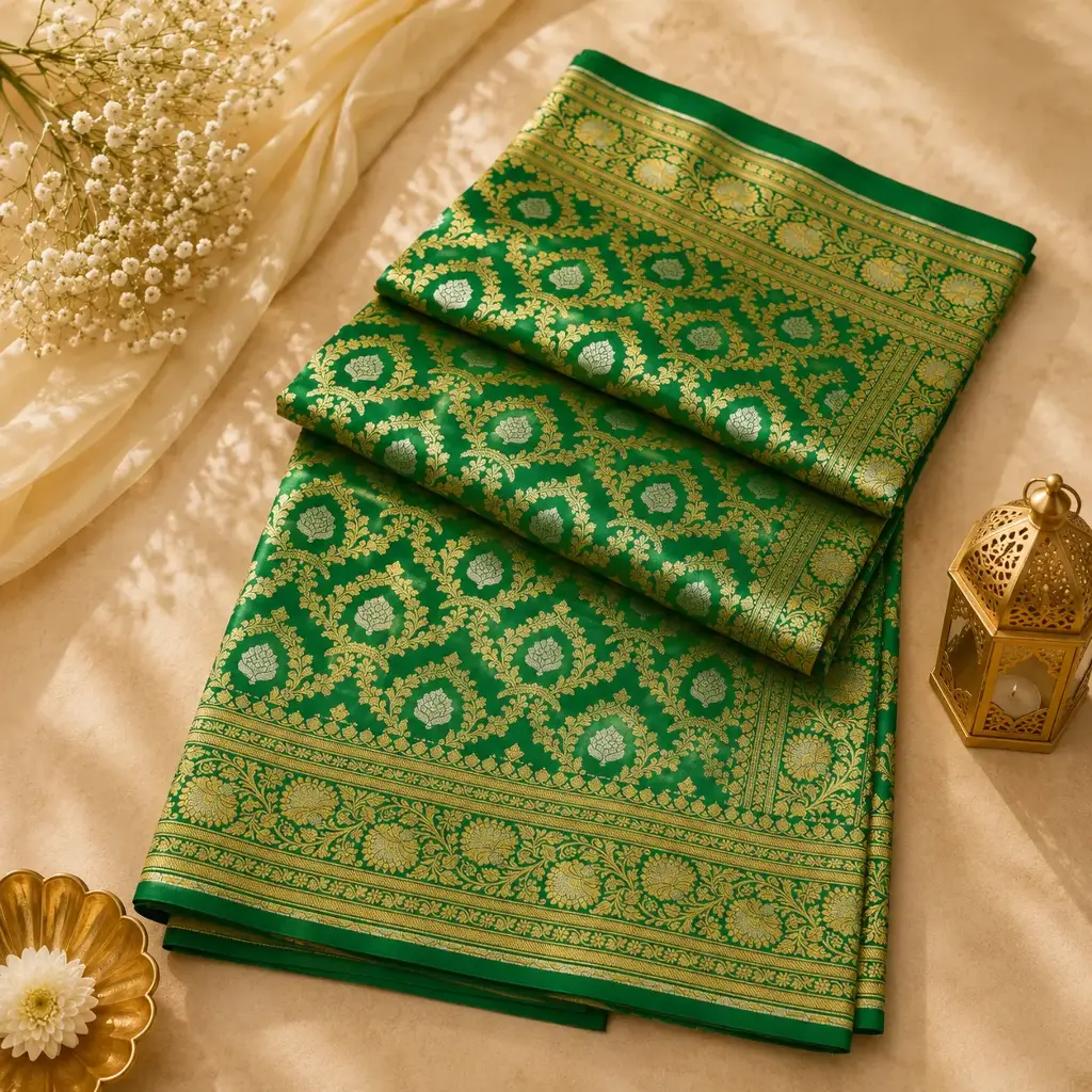 Emerald Green Banarasi Silk Saree with Gold Zari Floral Buta