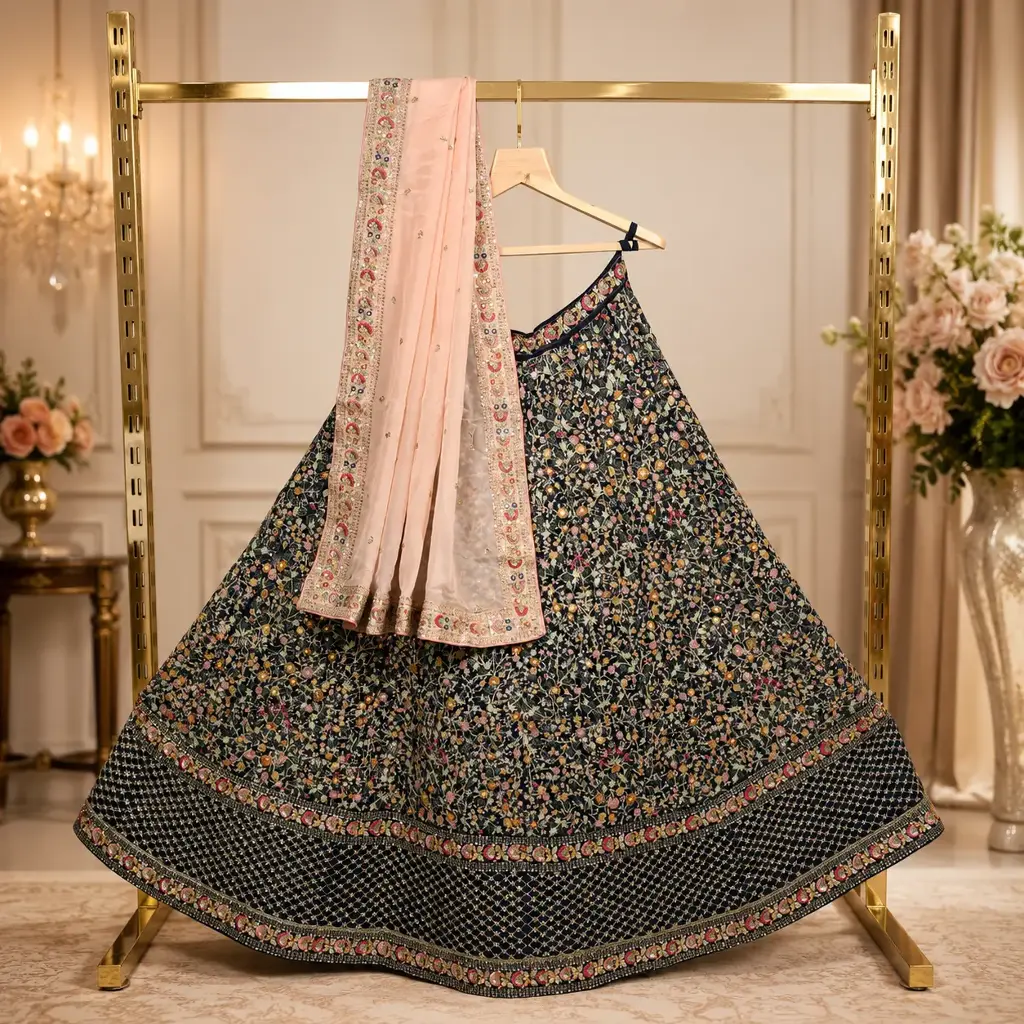 Midnight Blue Floral Embroidered Lehenga Choli with Peach Dupatta