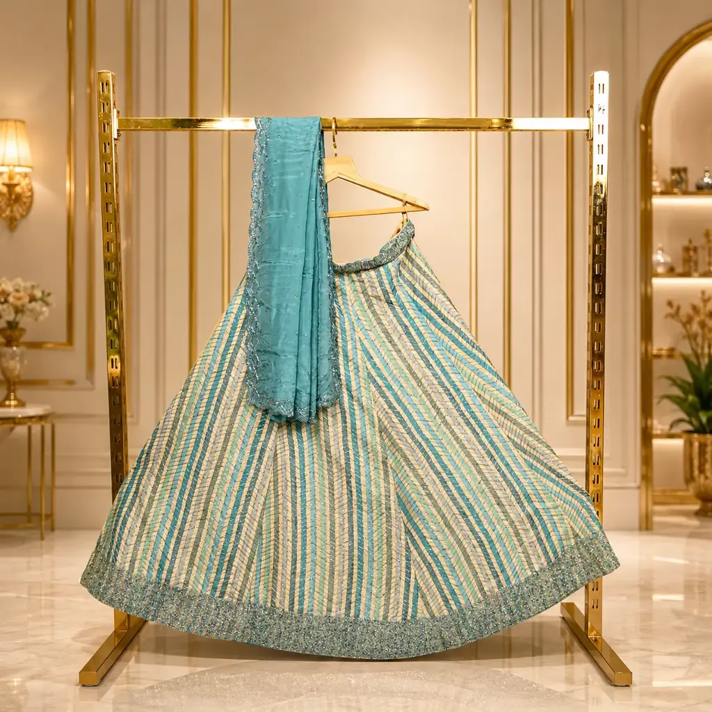 Women's Aqua Blue Striped Lehenga Choli with Sequin Work and Matching Dupatta
