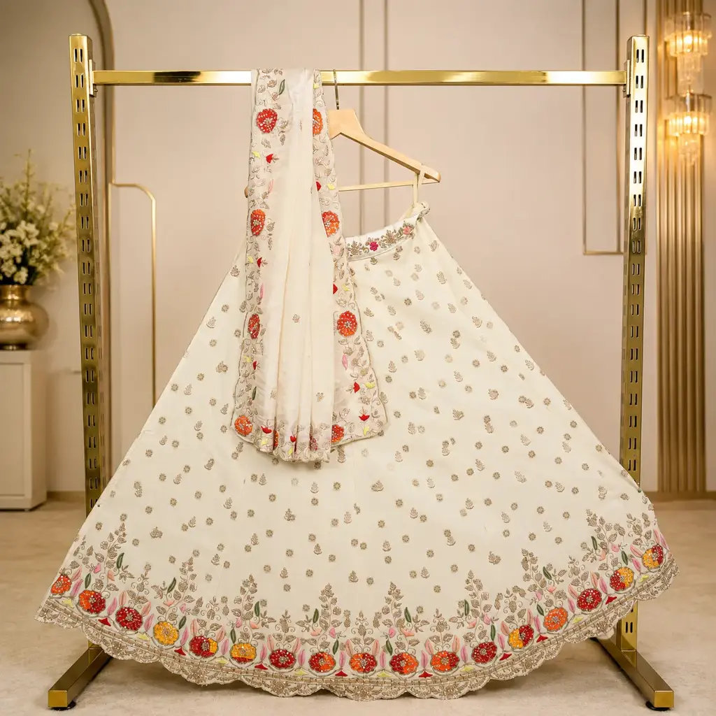 Women's Ivory Lehenga Choli with Multicolour Floral Embroidery and Matching Dupatta