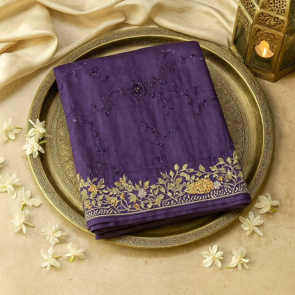 Elegant Deep Purple Hand-Embroidered Designer Silk Saree
