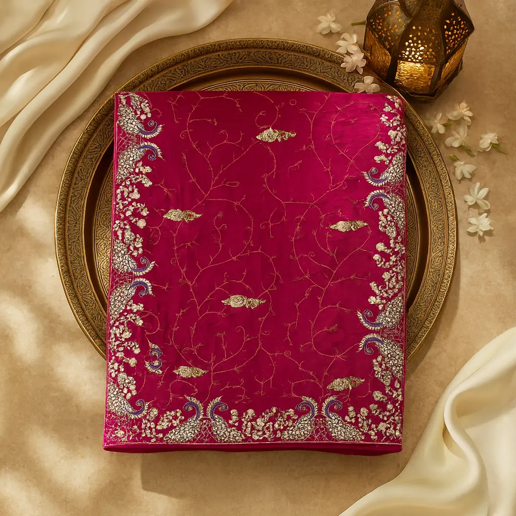Exquisite Fuchsia Silk Saree with Intricate Peacock Embroidery