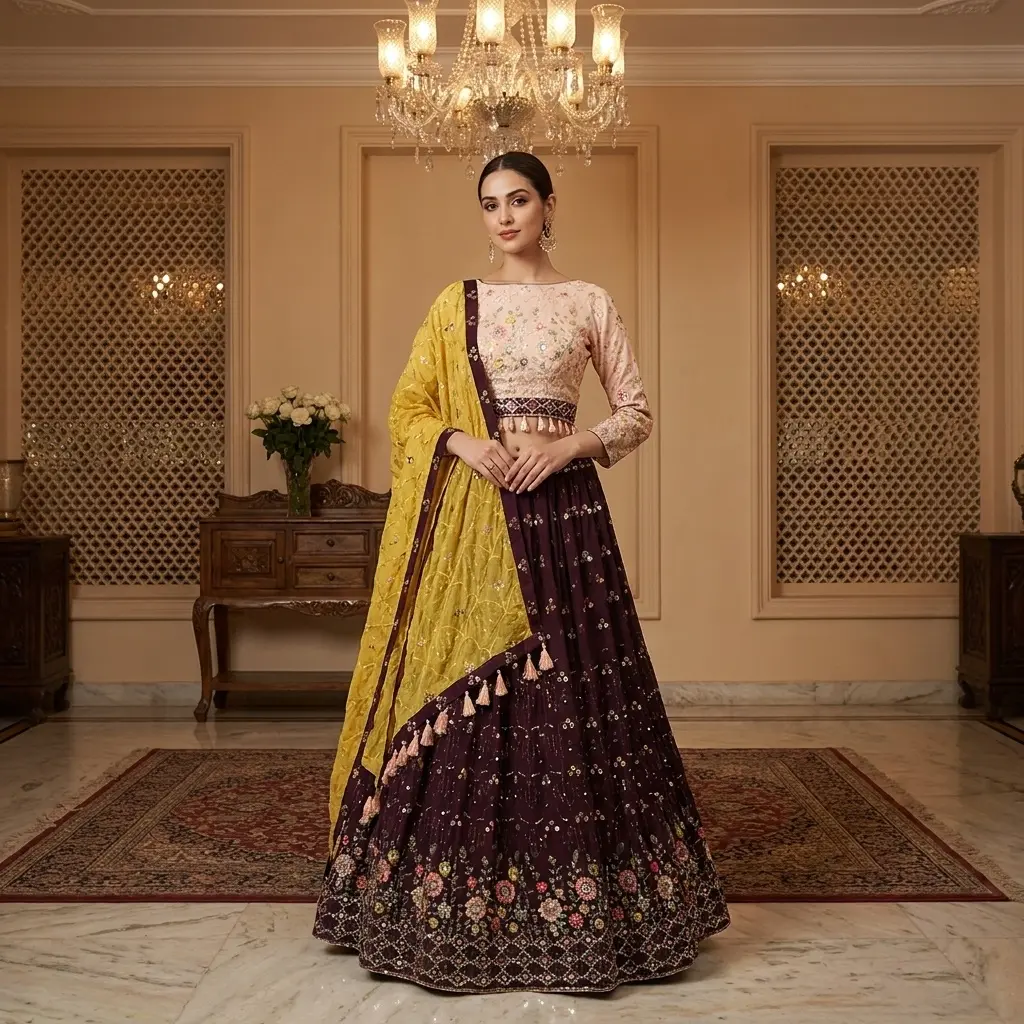 Wine Purple Georgette Embroidered Lehenga Choli with Yellow Dupatta