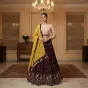 Wine Purple Georgette Embroidered Lehenga Choli with Yellow Dupatta