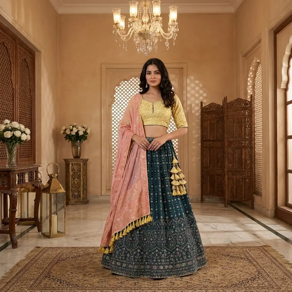 Teal Blue and Pastel Yellow Embroidered Silk Lehenga Set